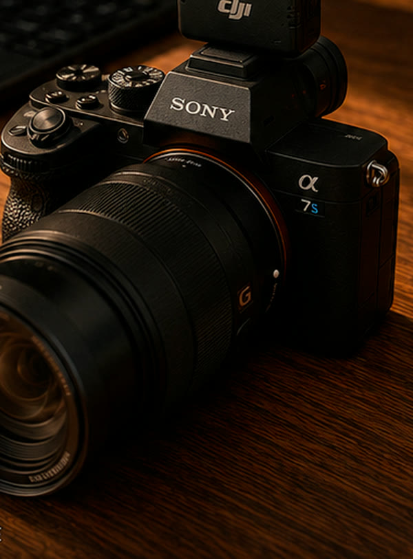 Sony A7S III et DJI Mic 2 sur un bureau en noyer